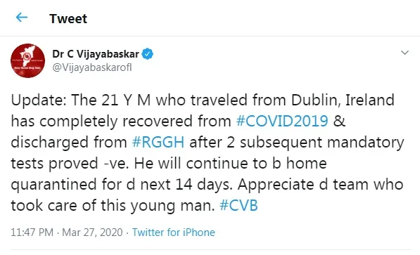 tamilnadu coronavirus recovered increased minister vijaya baskar tweet 